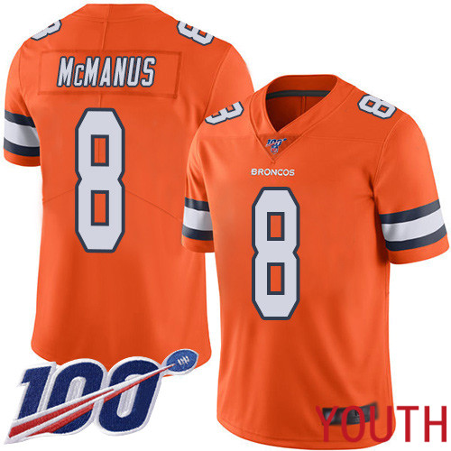 Youth Denver Broncos #8 Brandon McManus Limited Orange Rush Vapor Untouchable 100th Season Football NFL Jersey->youth nfl jersey->Youth Jersey